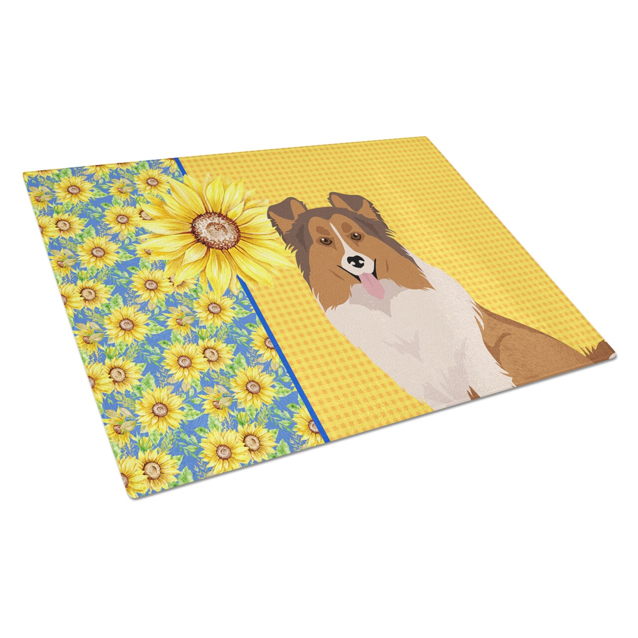 Caroline's Treasures Summer Sunflowers Sable Sheltie Glass Cutting Board Large